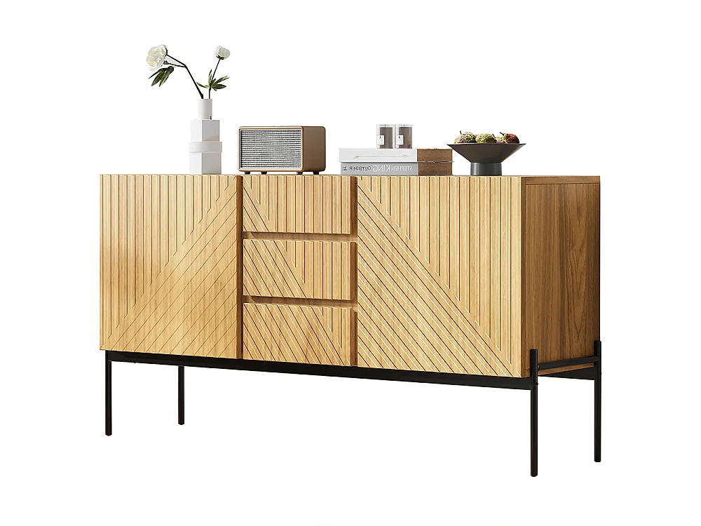 Buffet naturel 2 portes 3 tiroirs pieds métal meuble TV buffet commode design linéaire