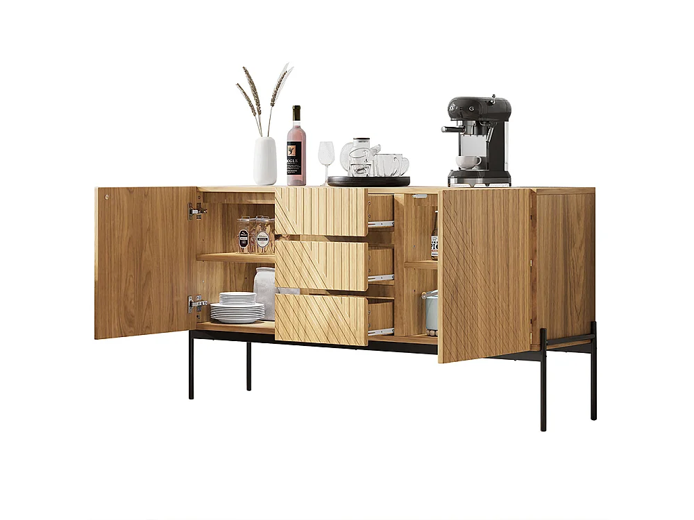 Buffet naturel 2 portes 3 tiroirs pieds métal meuble TV buffet commode design linéaire