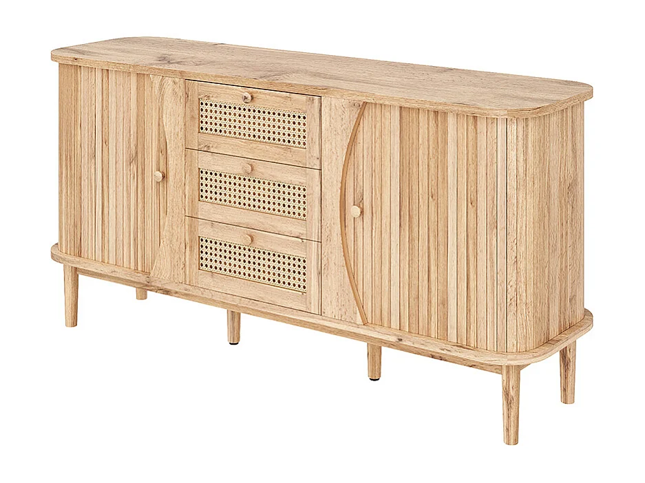 Buffet commode rotin portes coulissantes étagères réglables plateau arrondi