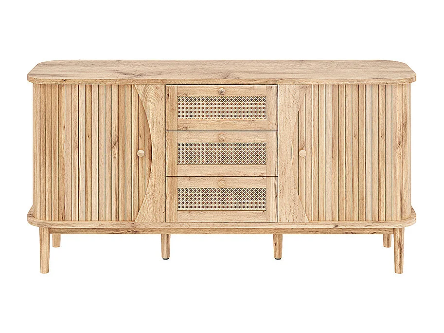 Buffet commode rotin portes coulissantes étagères réglables plateau arrondi