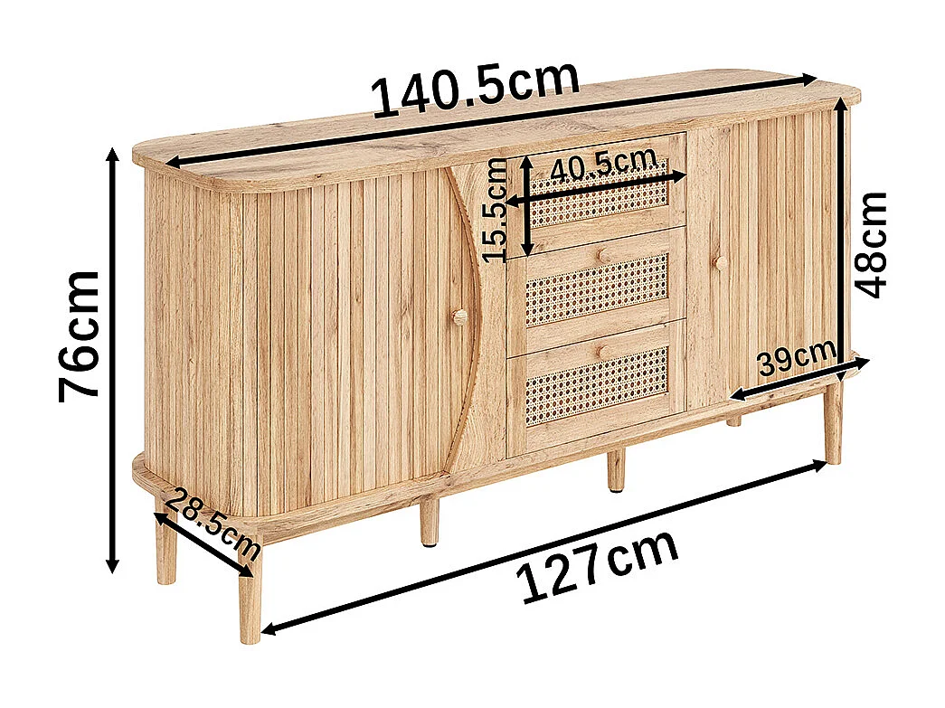 Buffet commode rotin portes coulissantes étagères réglables plateau arrondi