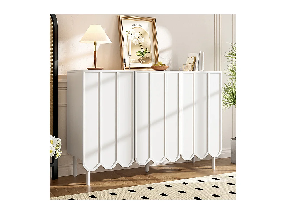 Buffet blanc moderne portes ondulées sans poignées étagères réglables espace rangement multi-pièces