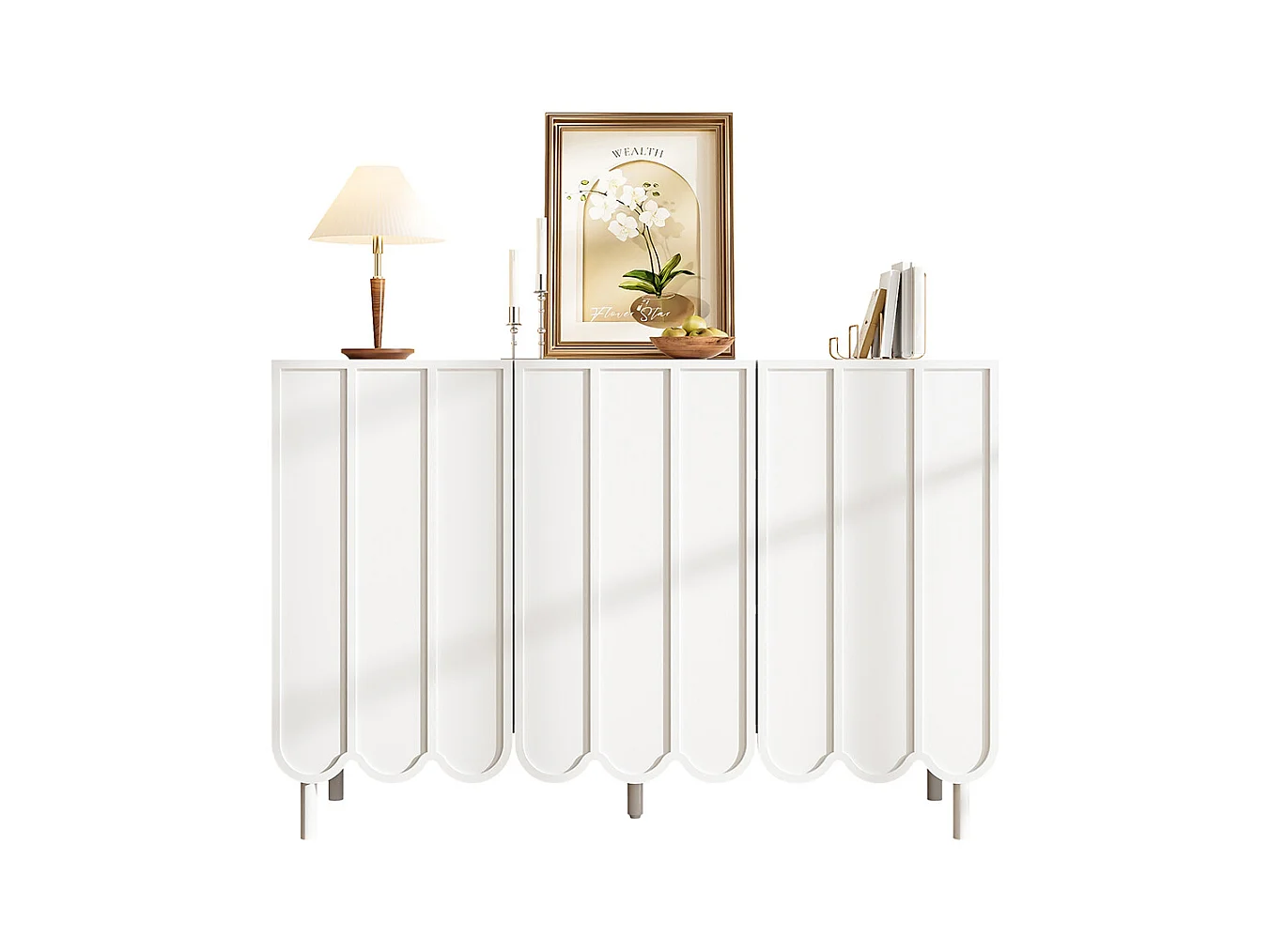 Buffet blanc moderne portes ondulées sans poignées étagères réglables espace rangement multi-pièces