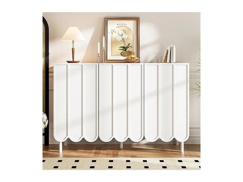 Buffet blanc moderne portes ondulées sans poignées étagères réglables espace rangement multi-pièces