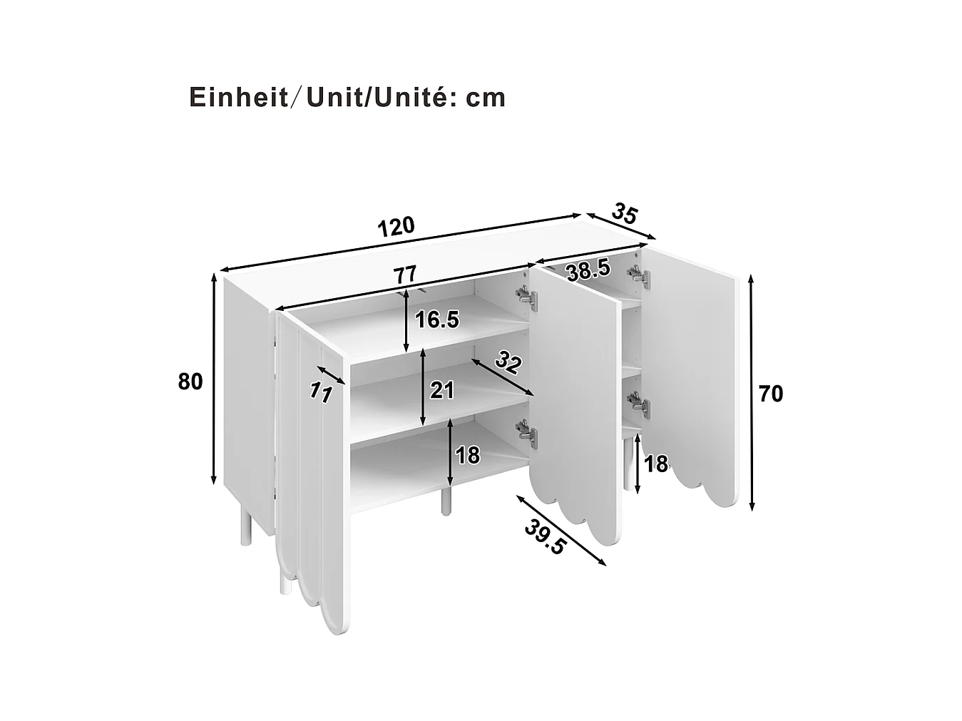 Buffet blanc moderne portes ondulées sans poignées étagères réglables espace rangement multi-pièces