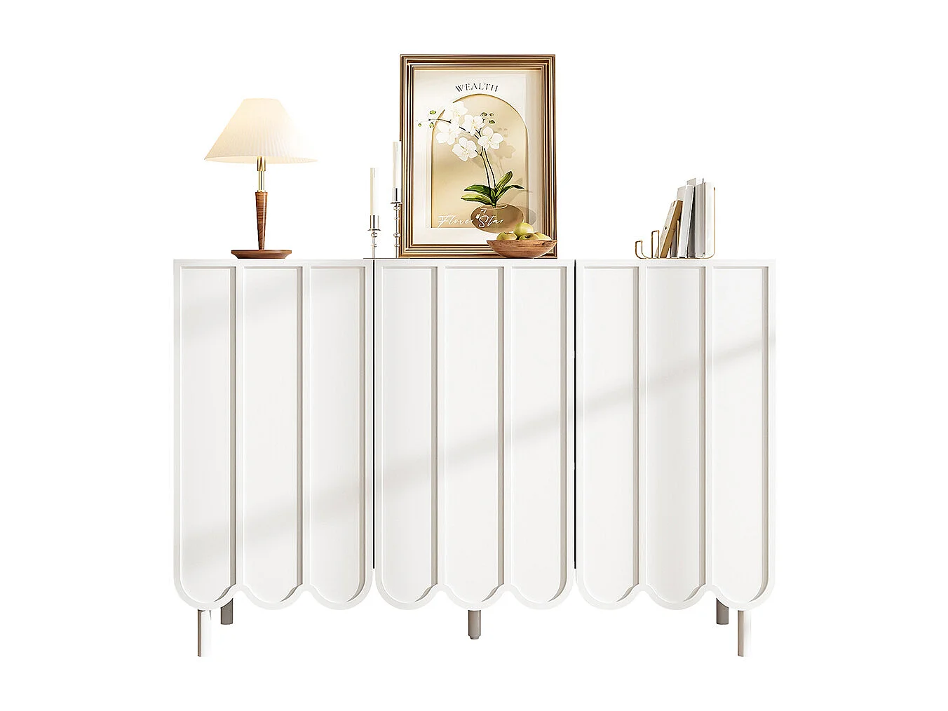 Buffet blanc moderne portes ondulées sans poignées étagères réglables espace rangement multi-pièces