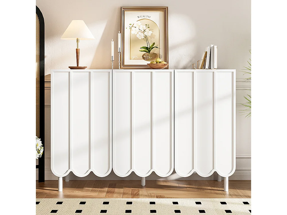 Buffet blanc moderne portes ondulées sans poignées étagères réglables espace rangement multi-pièces