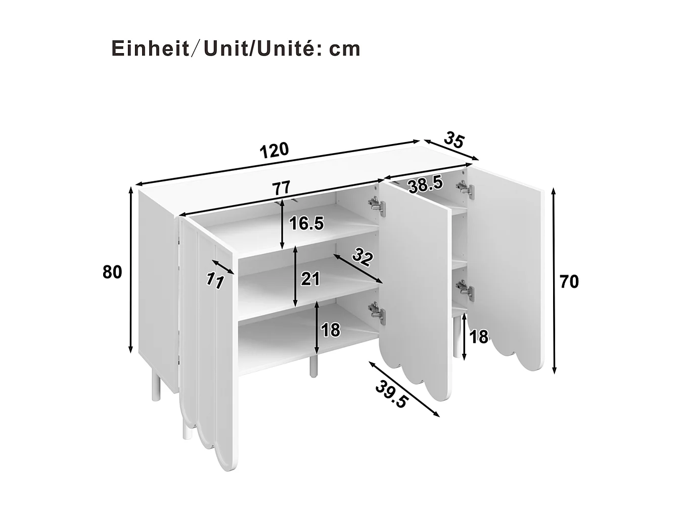 Buffet blanc moderne portes ondulées sans poignées étagères réglables espace rangement multi-pièces