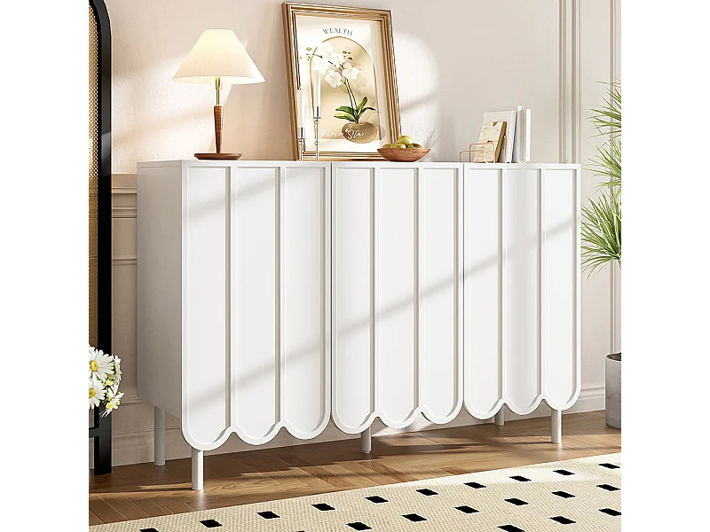 Buffet blanc moderne portes ondulées sans poignées étagères réglables espace rangement multi-pièces