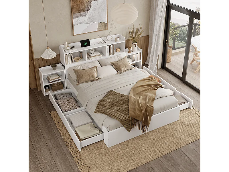 lit avec rangement bois 140x200 avec sommier lattes tête de lit 2 tables chevet coulissantes rangement recharge USB-C et sans fil tiroirs blanc