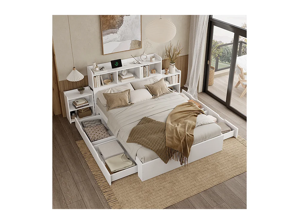 lit avec rangement bois 140x200 avec sommier lattes tête de lit 2 tables chevet coulissantes rangement recharge USB-C et sans fil tiroirs blanc