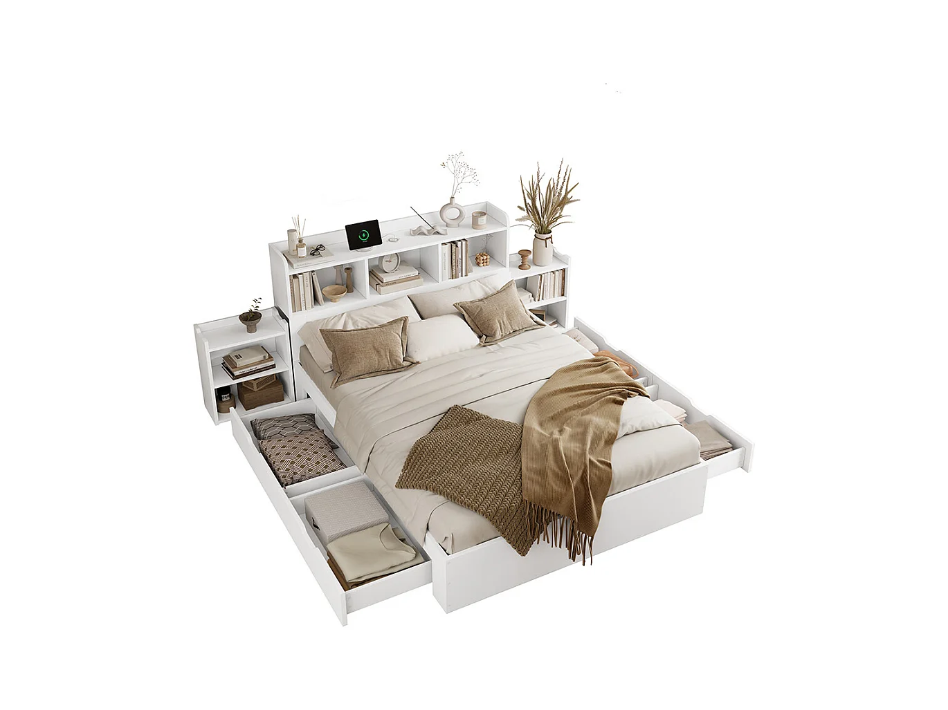 lit avec rangement bois 140x200 avec sommier lattes tête de lit 2 tables chevet coulissantes rangement recharge USB-C et sans fil tiroirs blanc