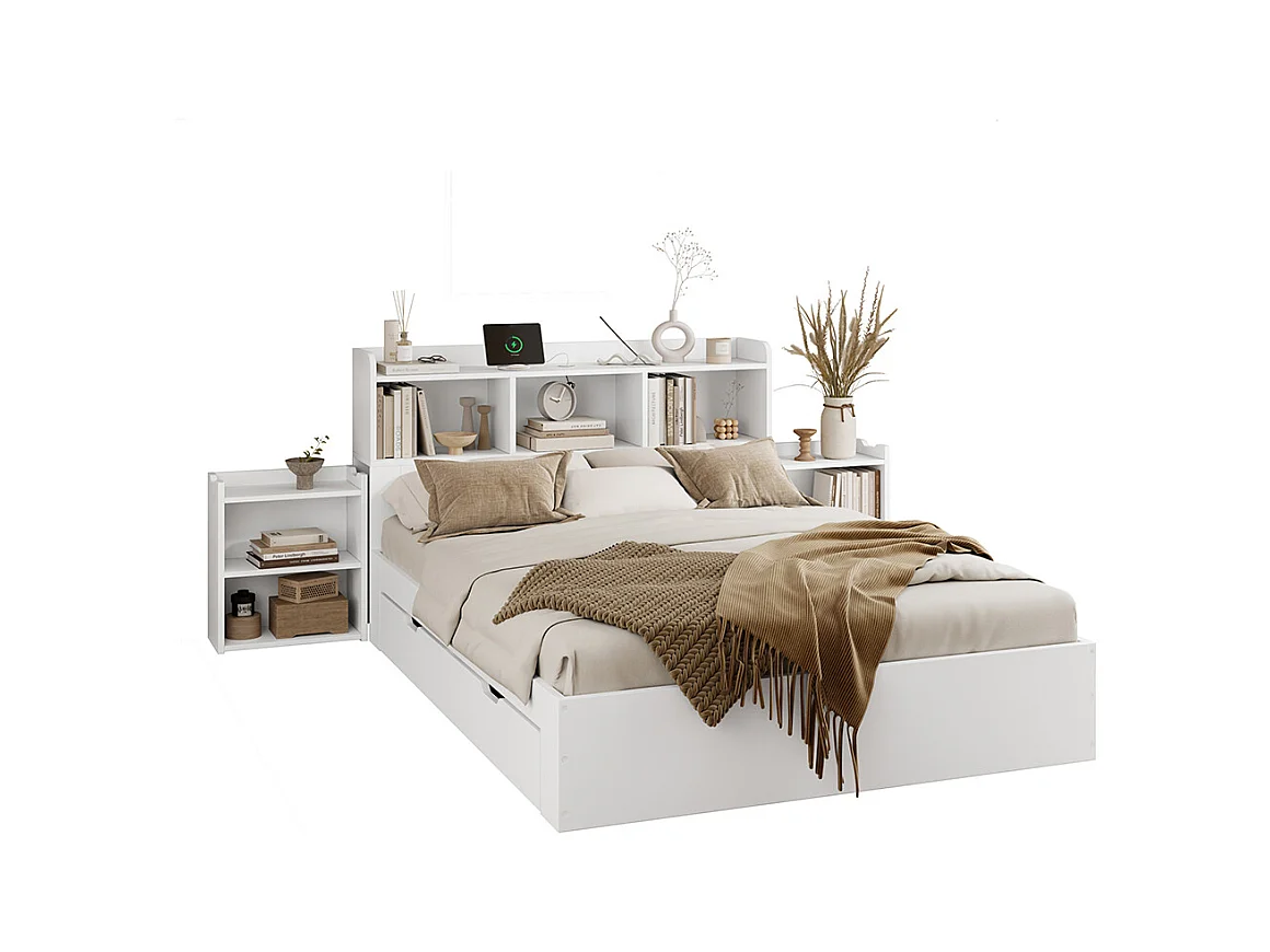 lit avec rangement bois 140x200 avec sommier lattes tête de lit 2 tables chevet coulissantes rangement recharge USB-C et sans fil tiroirs blanc