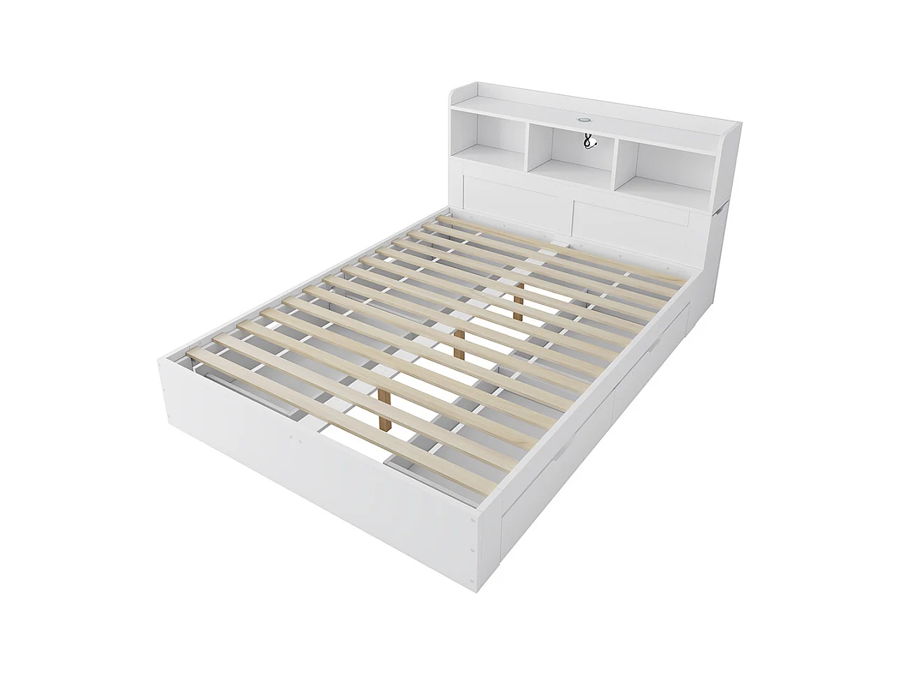 lit avec rangement bois 140x200 avec sommier lattes tête de lit 2 tables chevet coulissantes rangement recharge USB-C et sans fil tiroirs blanc