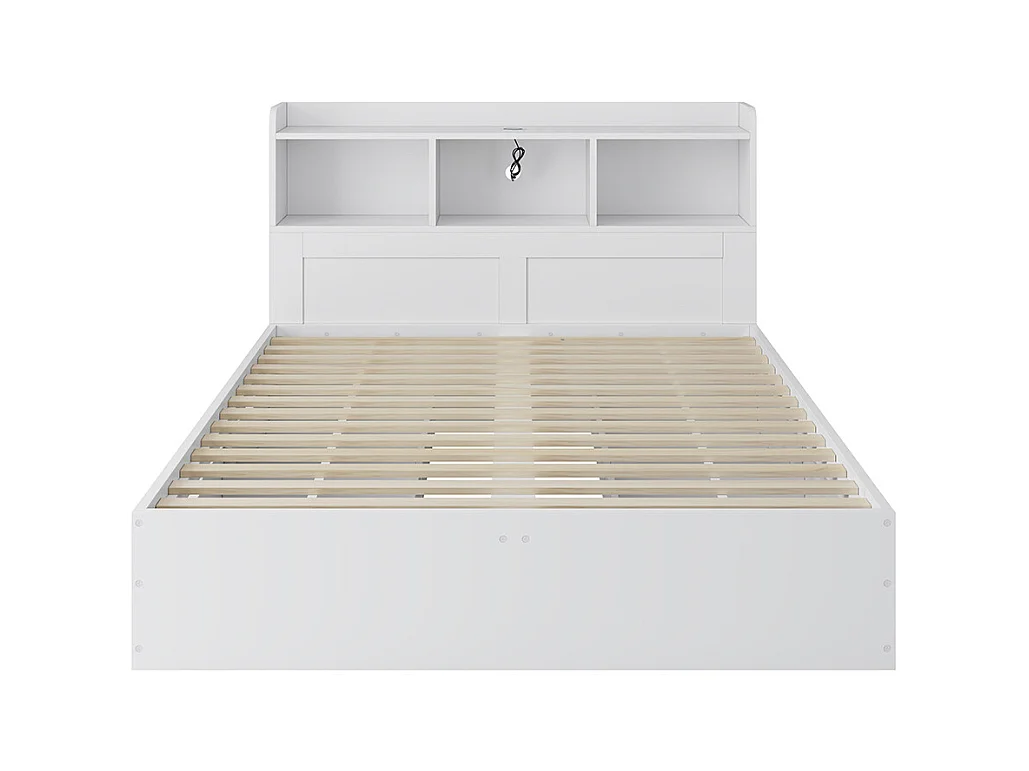 lit avec rangement bois 140x200 avec sommier lattes tête de lit 2 tables chevet coulissantes rangement recharge USB-C et sans fil tiroirs blanc