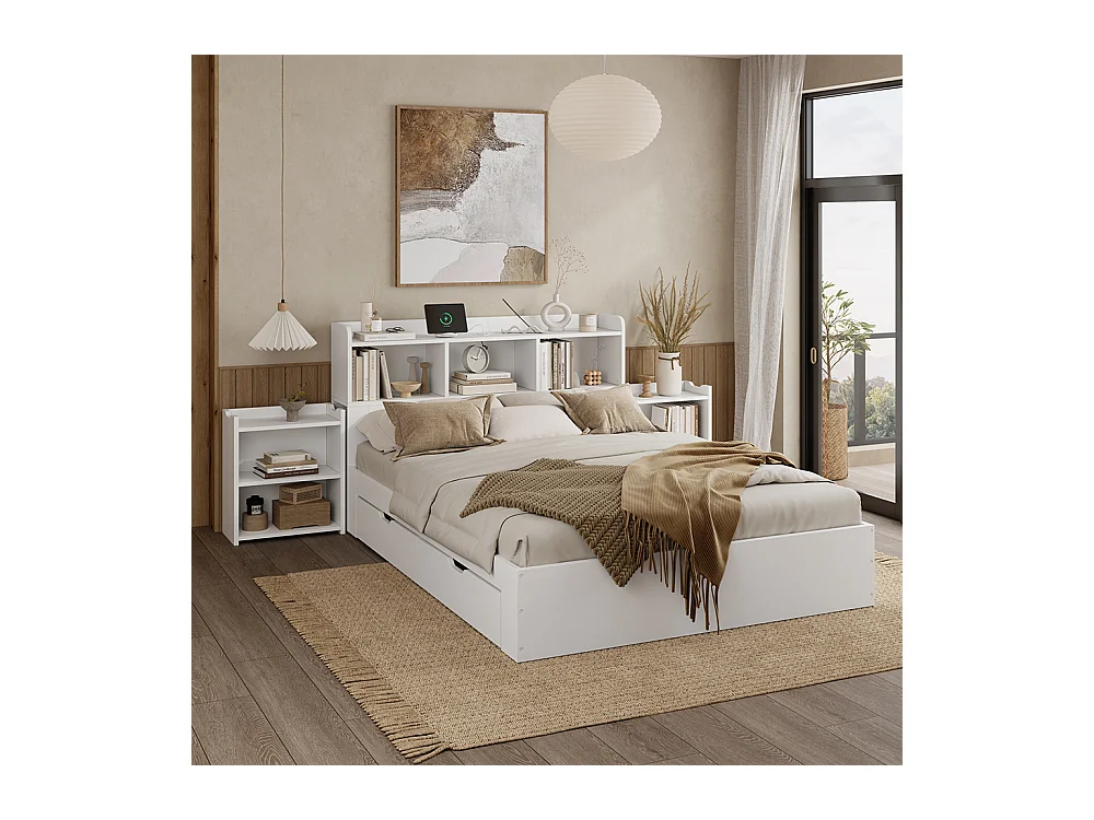 lit avec rangement bois 140x200 avec sommier lattes tête de lit 2 tables chevet coulissantes rangement recharge USB-C et sans fil tiroirs blanc