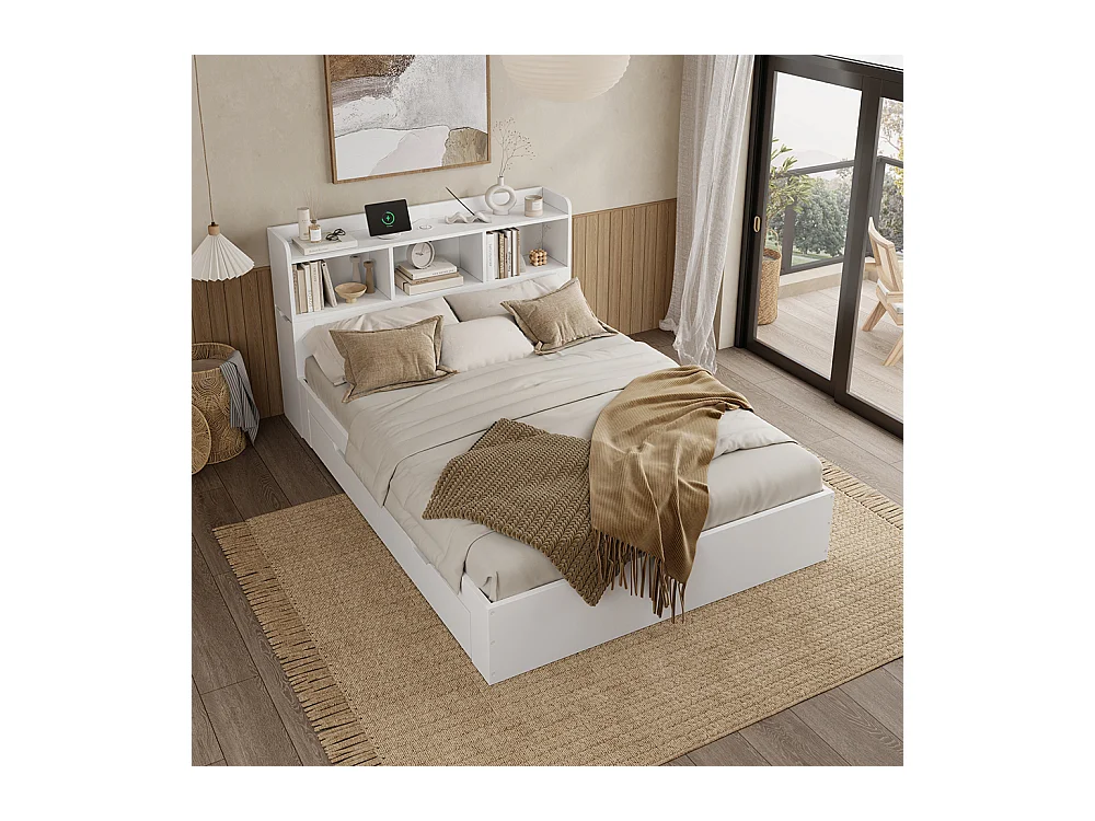 lit avec rangement bois 140x200 avec sommier lattes tête de lit 2 tables chevet coulissantes rangement recharge USB-C et sans fil tiroirs blanc