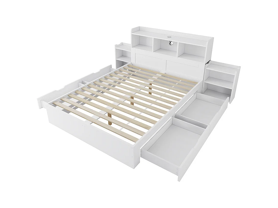lit avec rangement bois 140x200 avec sommier lattes tête de lit 2 tables chevet coulissantes rangement recharge USB-C et sans fil tiroirs blanc