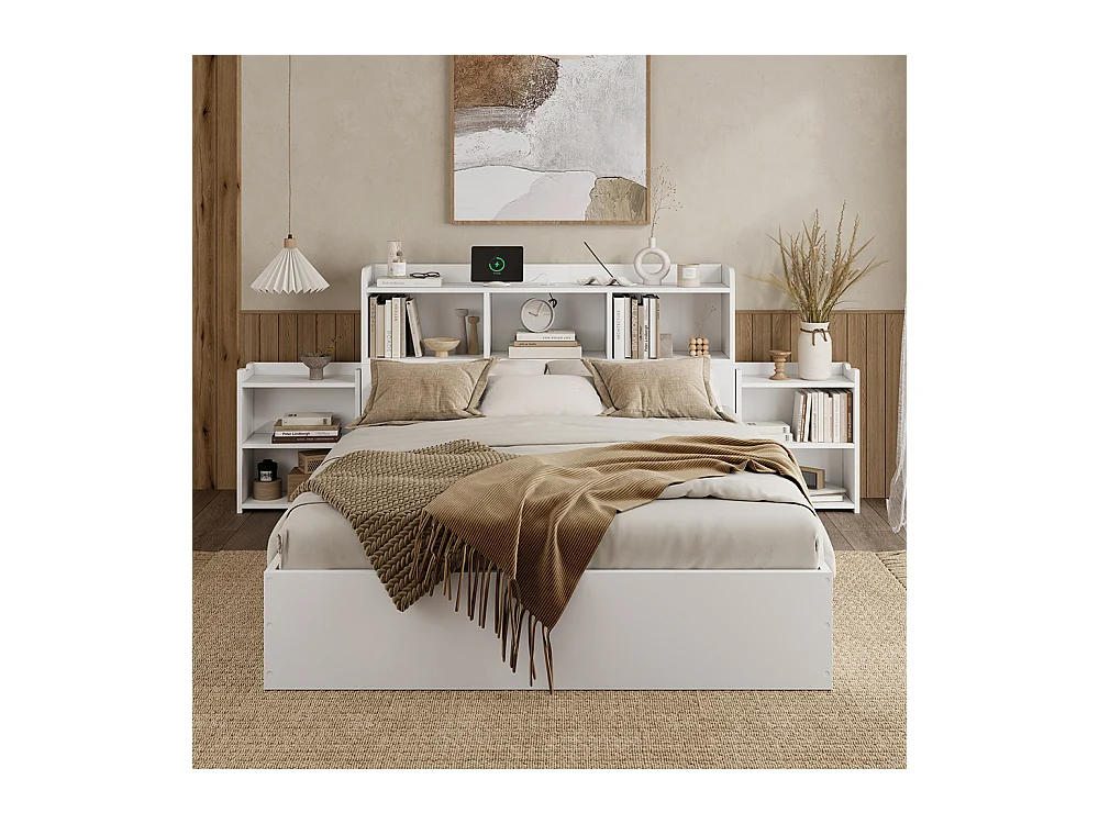 lit avec rangement bois 140x200 avec sommier lattes tête de lit 2 tables chevet coulissantes rangement recharge USB-C et sans fil tiroirs blanc