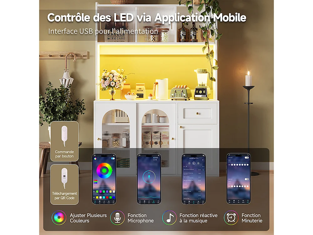 Buffet haut armoire haute vitrine étagères réglables armoire salle à manger éclairage LED blanc