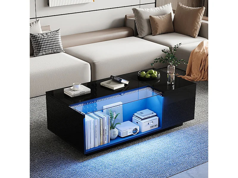 Salontafel 100x50x35 cm zwart gehard glas heldere LED-verlichting 2 opberglades