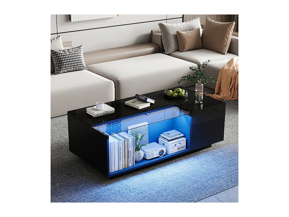 Table basse 100x50x35 cm noir verre trempé LED brillante 2 tiroirs rangement