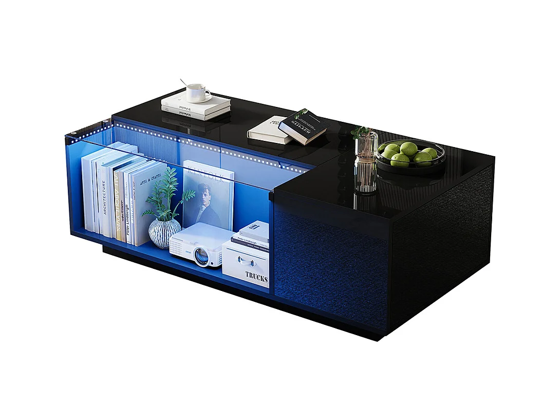 Table basse 100x50x35 cm noir verre trempé LED brillante 2 tiroirs rangement