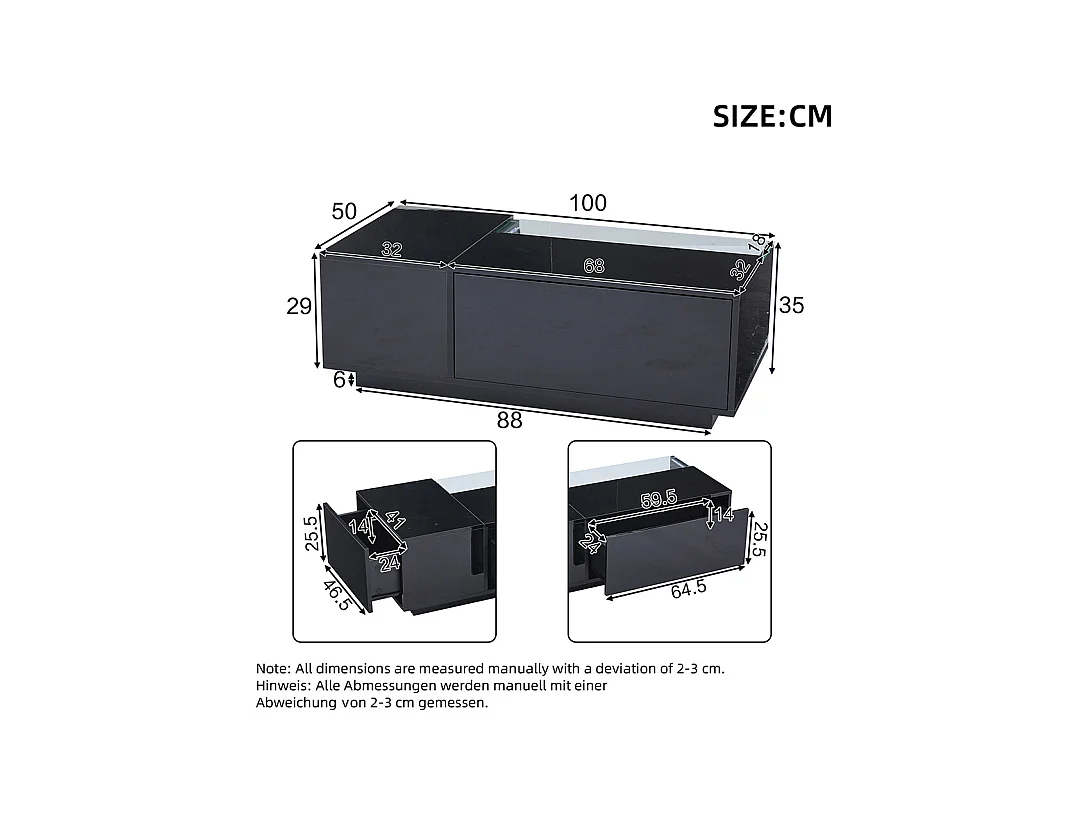 Table basse 100x50x35 cm noir verre trempé LED brillante 2 tiroirs rangement