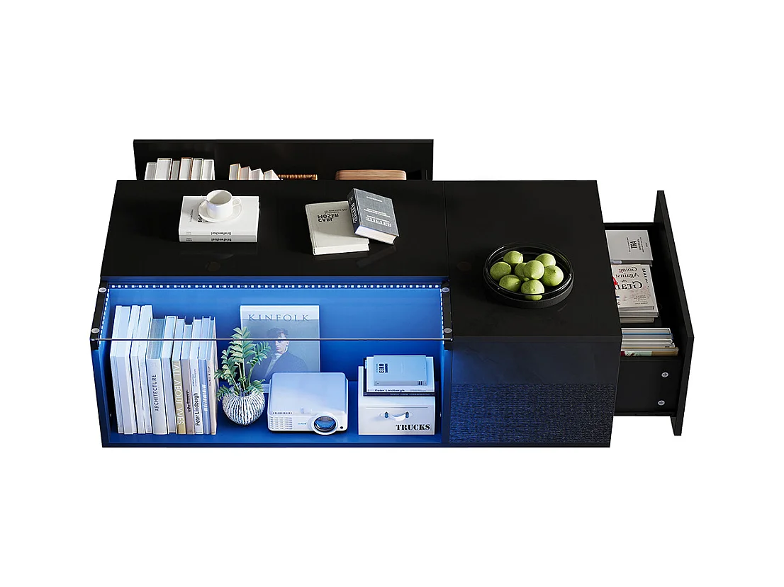 Table basse 100x50x35 cm noir verre trempé LED brillante 2 tiroirs rangement