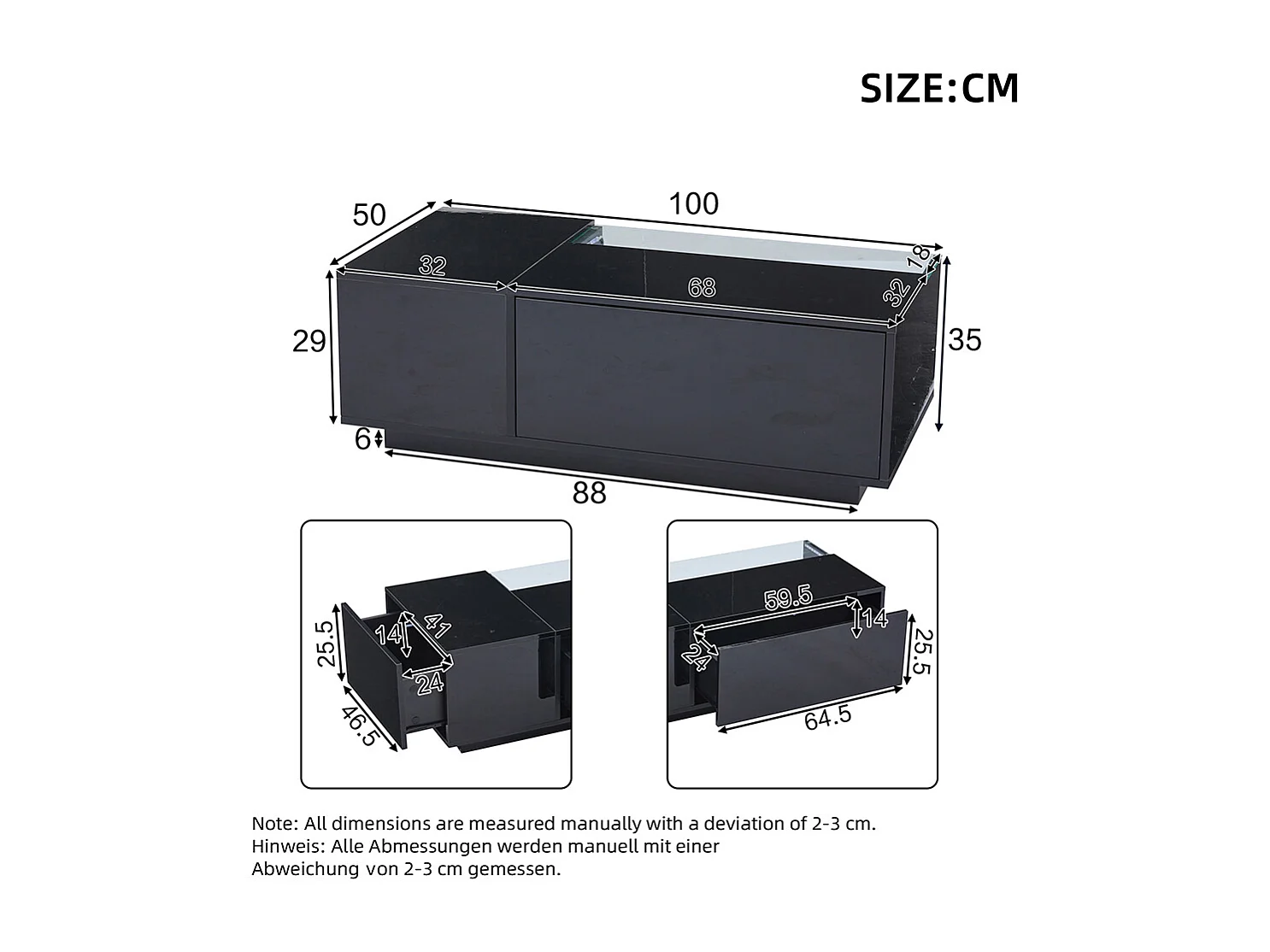 Table basse 100x50x35 cm noir verre trempé LED brillante 2 tiroirs rangement
