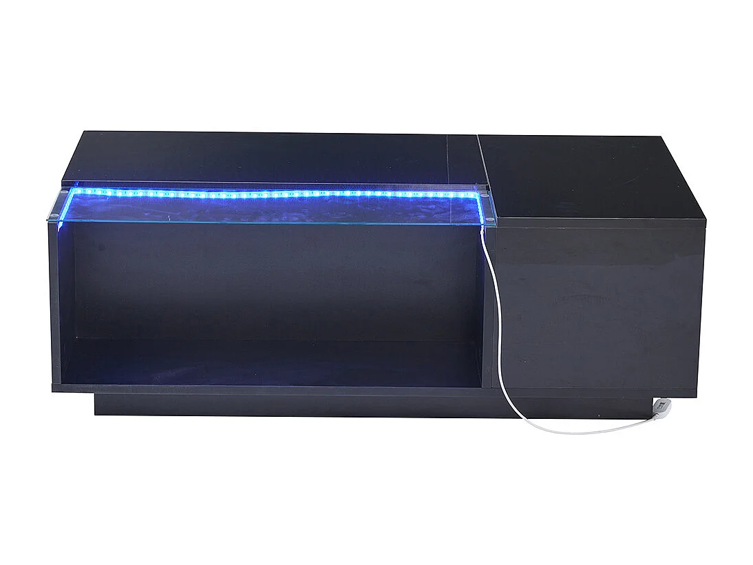 Table basse 100x50x35 cm noir verre trempé LED brillante 2 tiroirs rangement