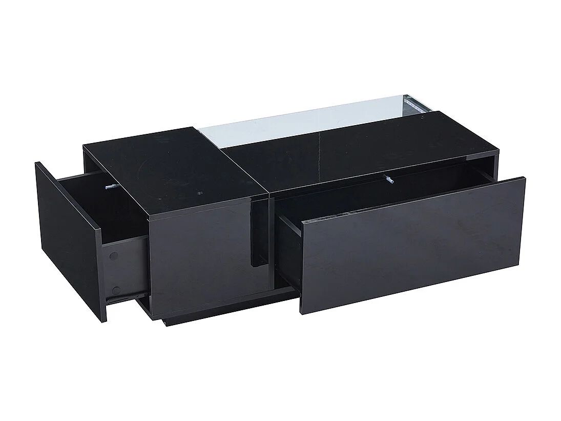 Table basse 100x50x35 cm noir verre trempé LED brillante 2 tiroirs rangement