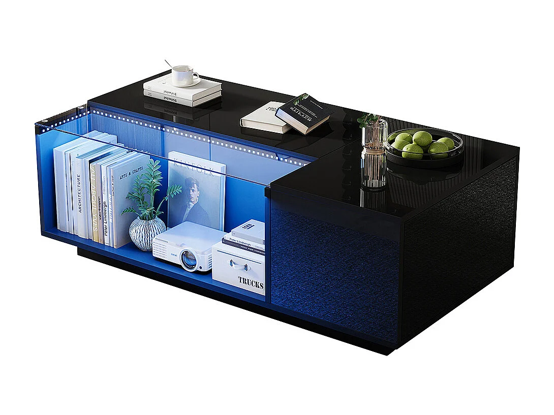 Table basse 100x50x35 cm noir verre trempé LED brillante 2 tiroirs rangement