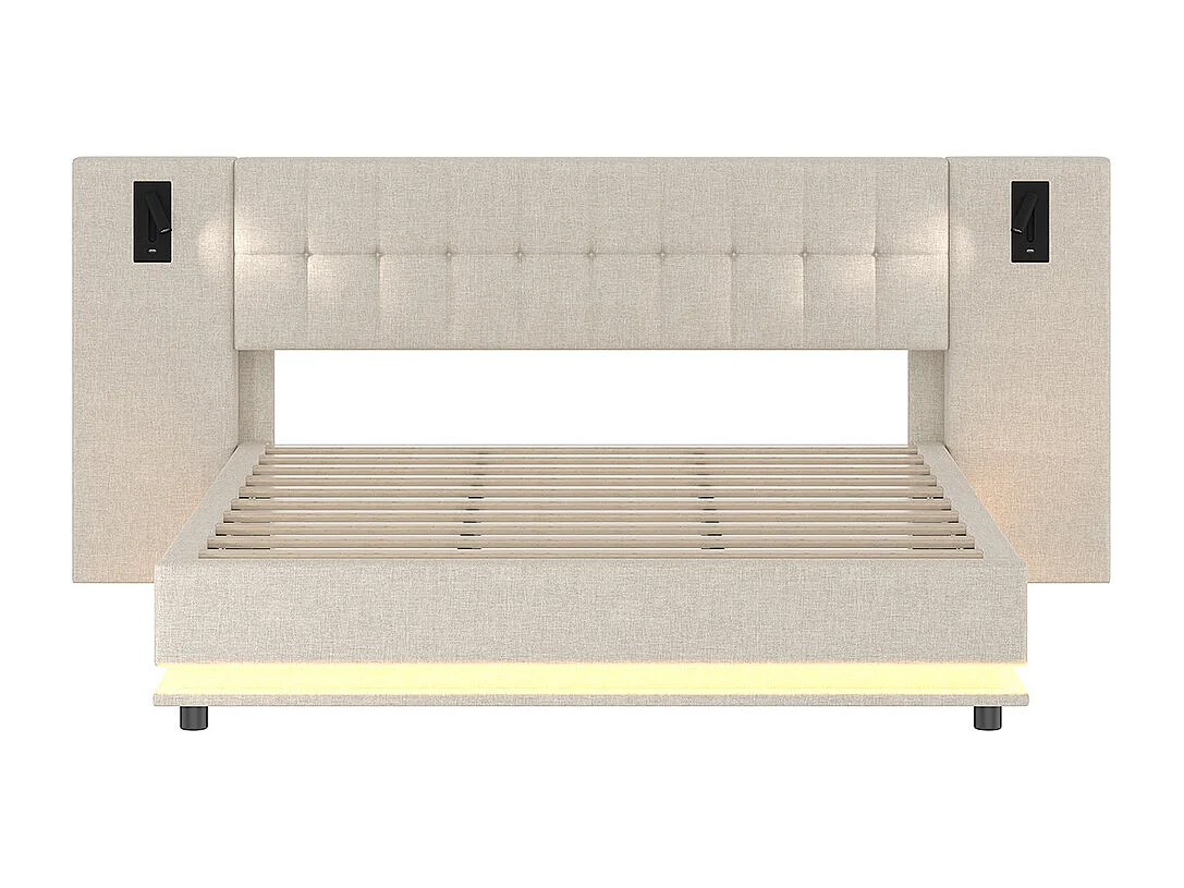 Lit double rembourré 180x200 cm bande LED tête de lit spot USB sans matelas lin beige