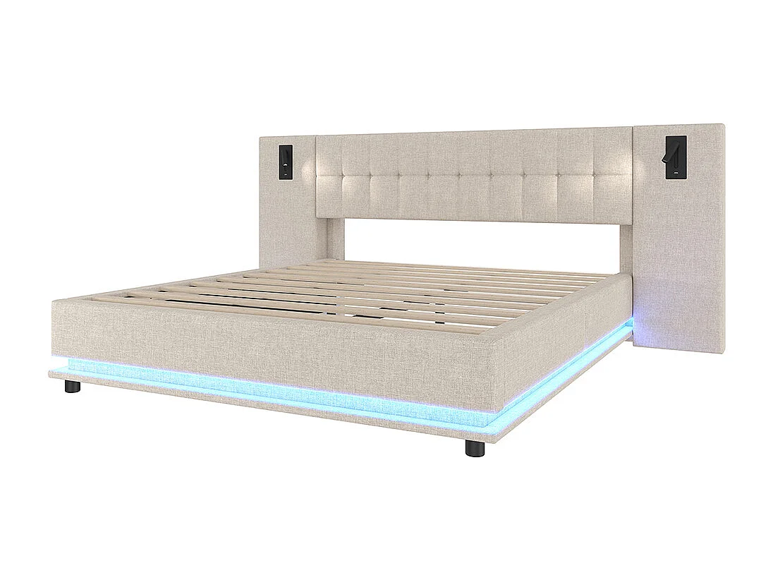 Lit double rembourré 180x200 cm bande LED tête de lit spot USB sans matelas lin beige