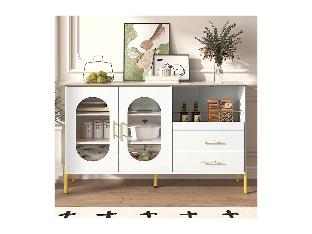 Buffet 2 tiroirs 2 portes vitrées commode blanc accents dorés espace rangement salon salle à manger couloir