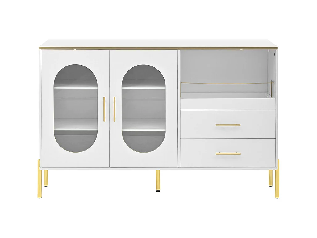 Buffet 2 tiroirs 2 portes vitrées commode blanc accents dorés espace rangement salon salle à manger couloir