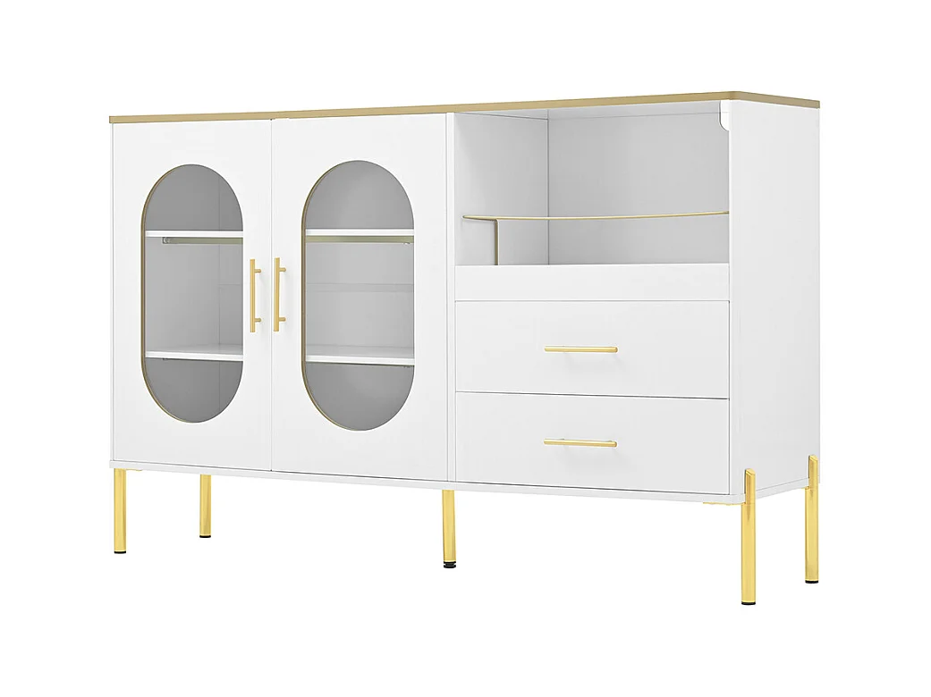 Buffet 2 tiroirs 2 portes vitrées commode blanc accents dorés espace rangement salon salle à manger couloir