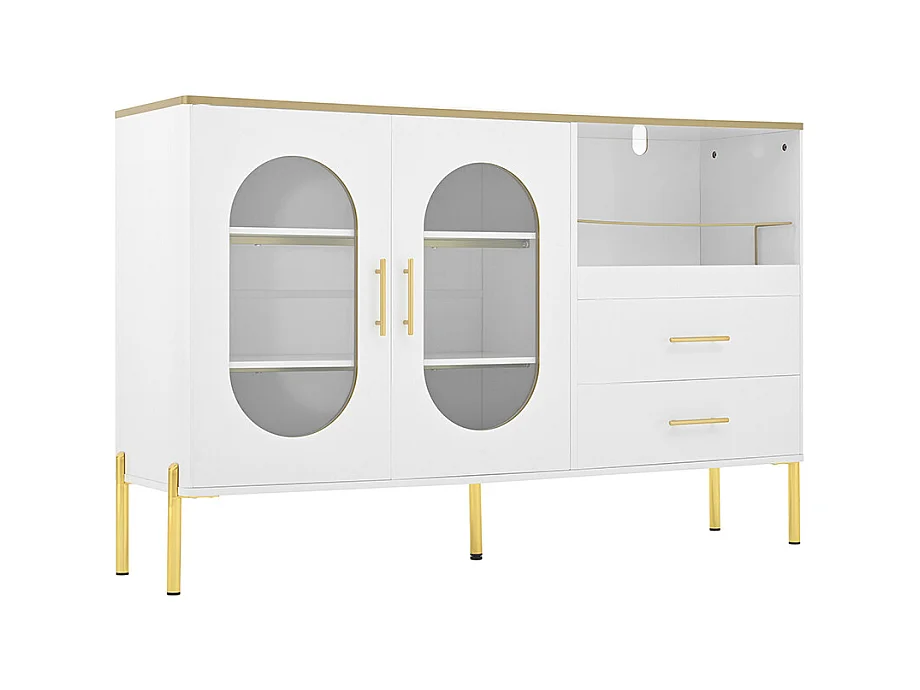 Buffet 2 tiroirs 2 portes vitrées commode blanc accents dorés espace rangement salon salle à manger couloir
