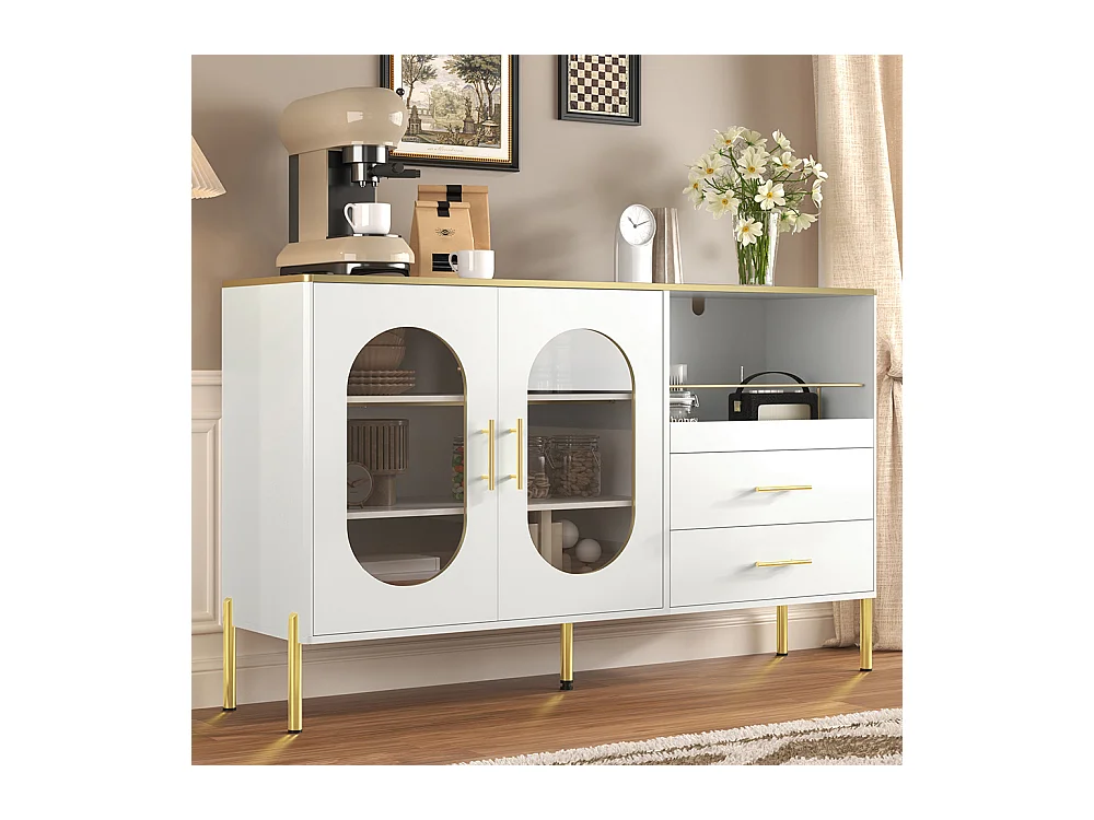 Buffet 2 tiroirs 2 portes vitrées commode blanc accents dorés espace rangement salon salle à manger couloir