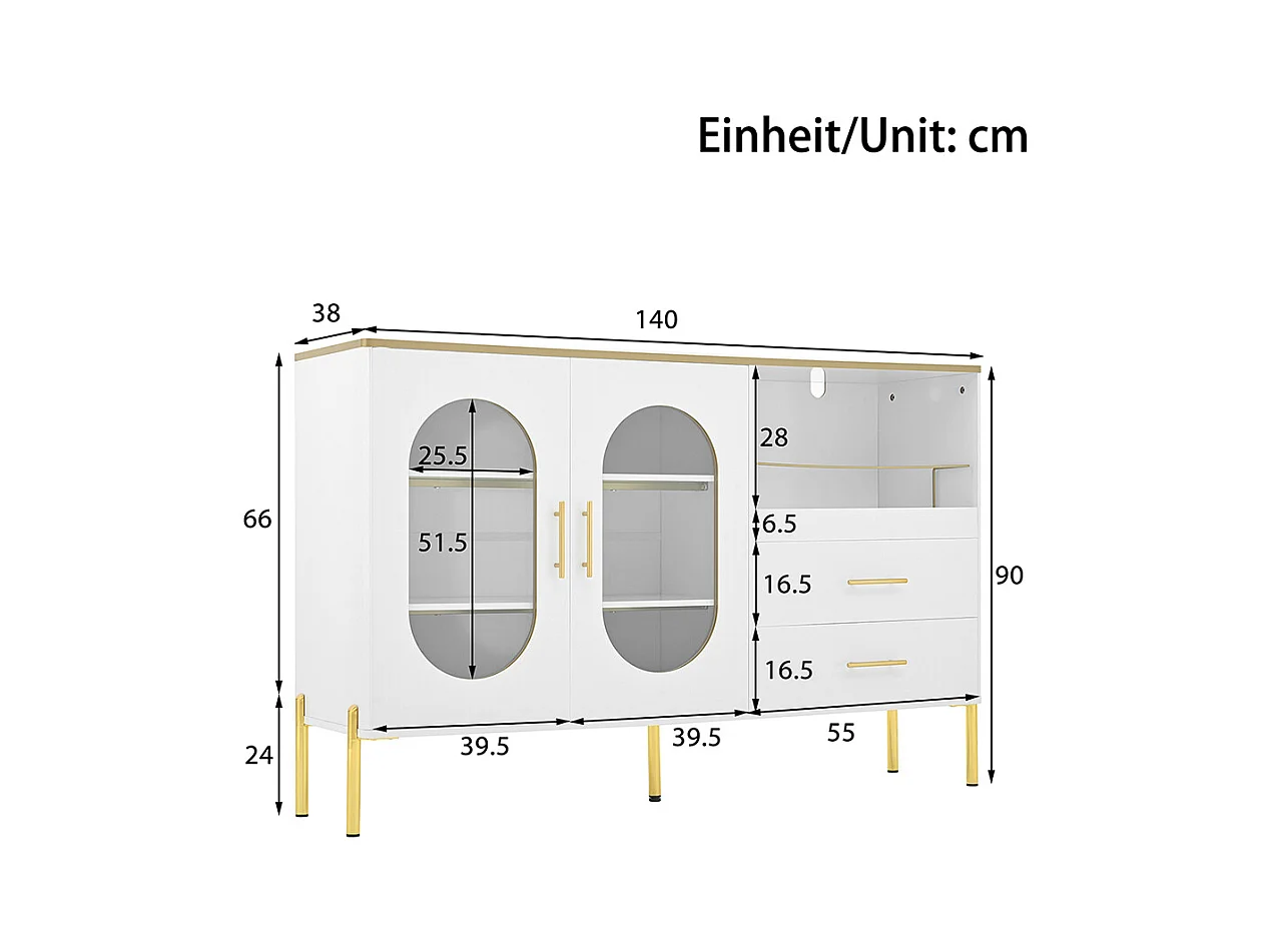 Buffet 2 tiroirs 2 portes vitrées commode blanc accents dorés espace rangement salon salle à manger couloir