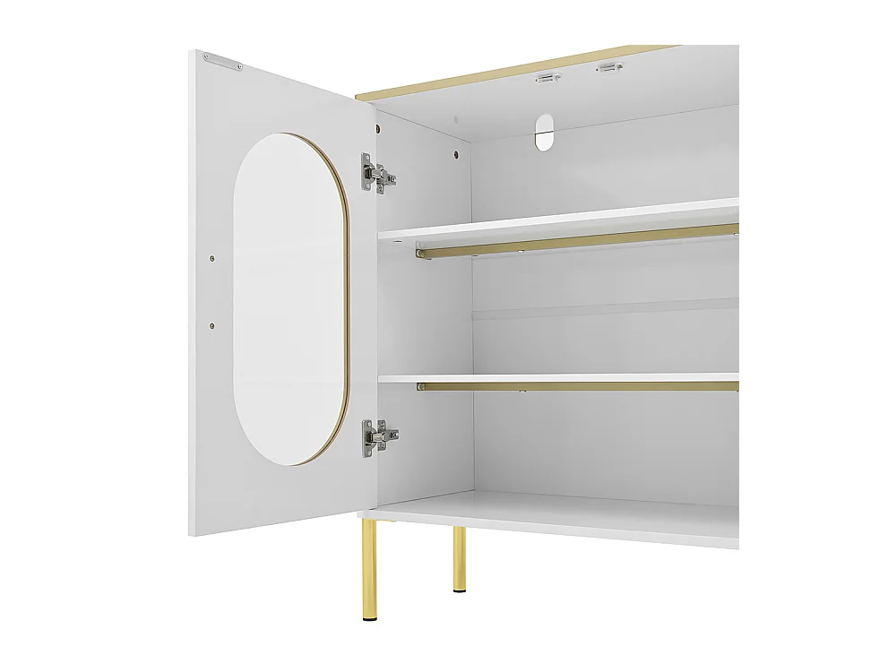 Buffet 2 tiroirs 2 portes vitrées commode blanc accents dorés espace rangement salon salle à manger couloir