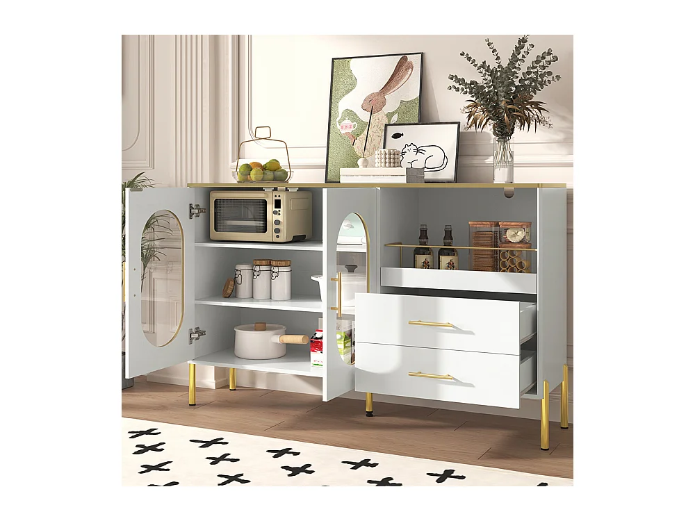 Buffet 2 tiroirs 2 portes vitrées commode blanc accents dorés espace rangement salon salle à manger couloir