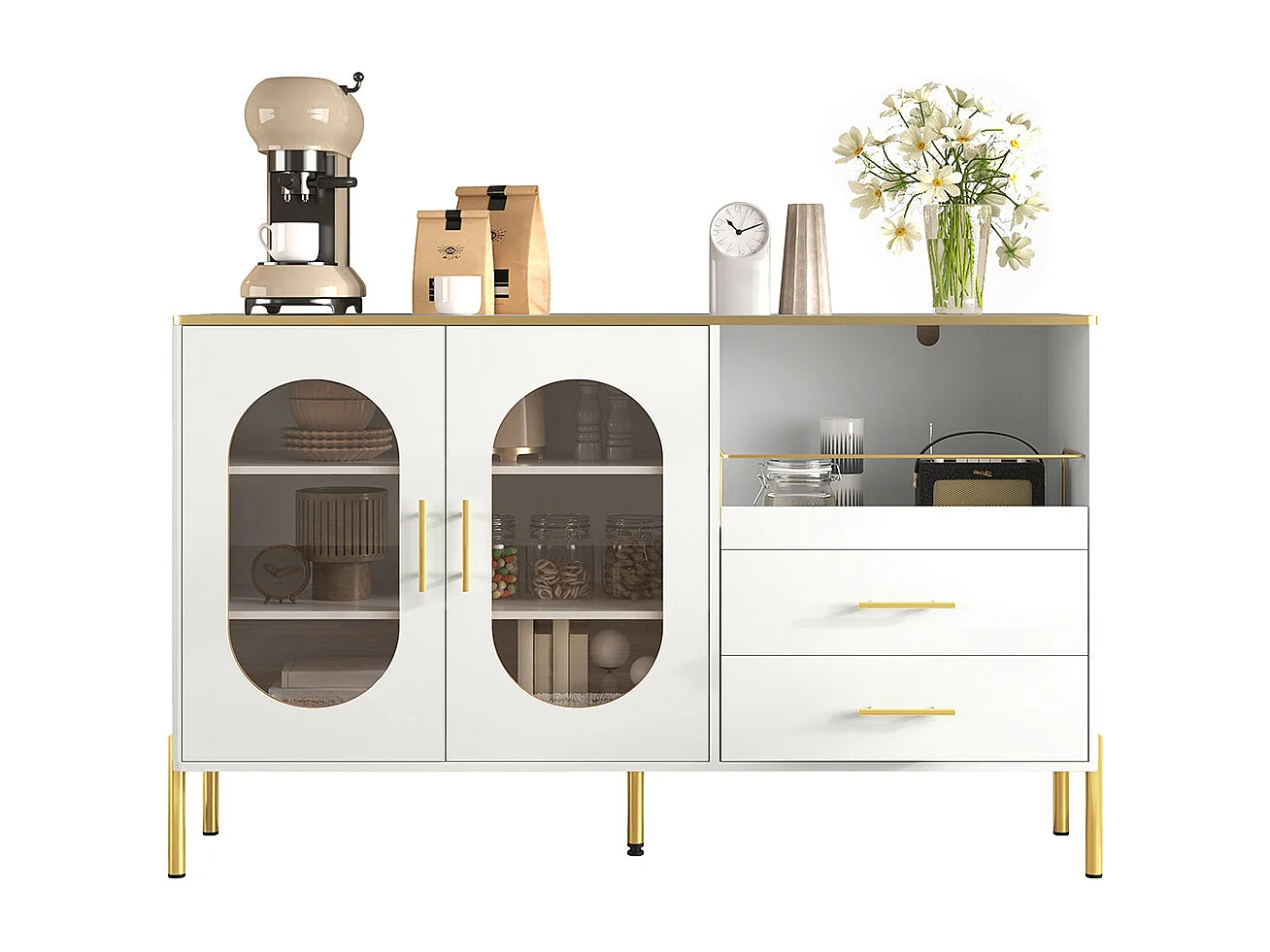 Buffet 2 tiroirs 2 portes vitrées commode blanc accents dorés espace rangement salon salle à manger couloir