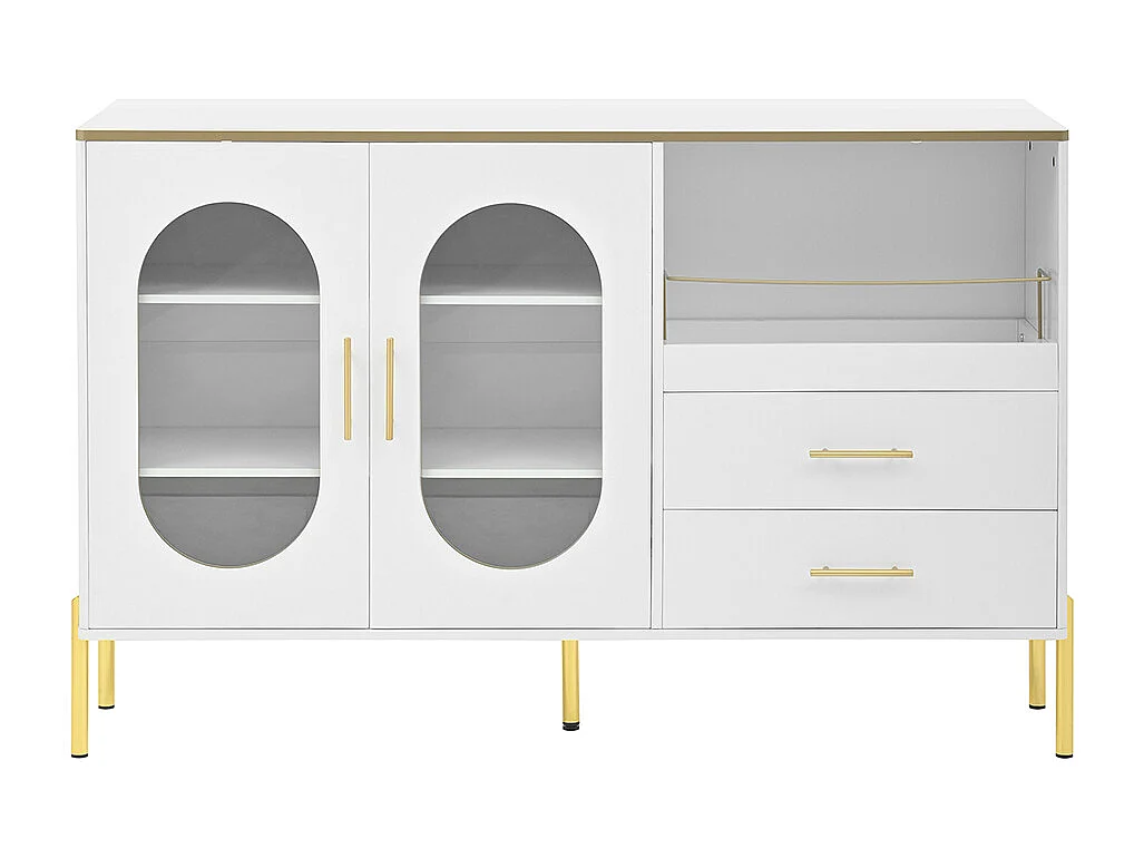 Buffet 2 tiroirs 2 portes vitrées commode blanc accents dorés espace rangement salon salle à manger couloir