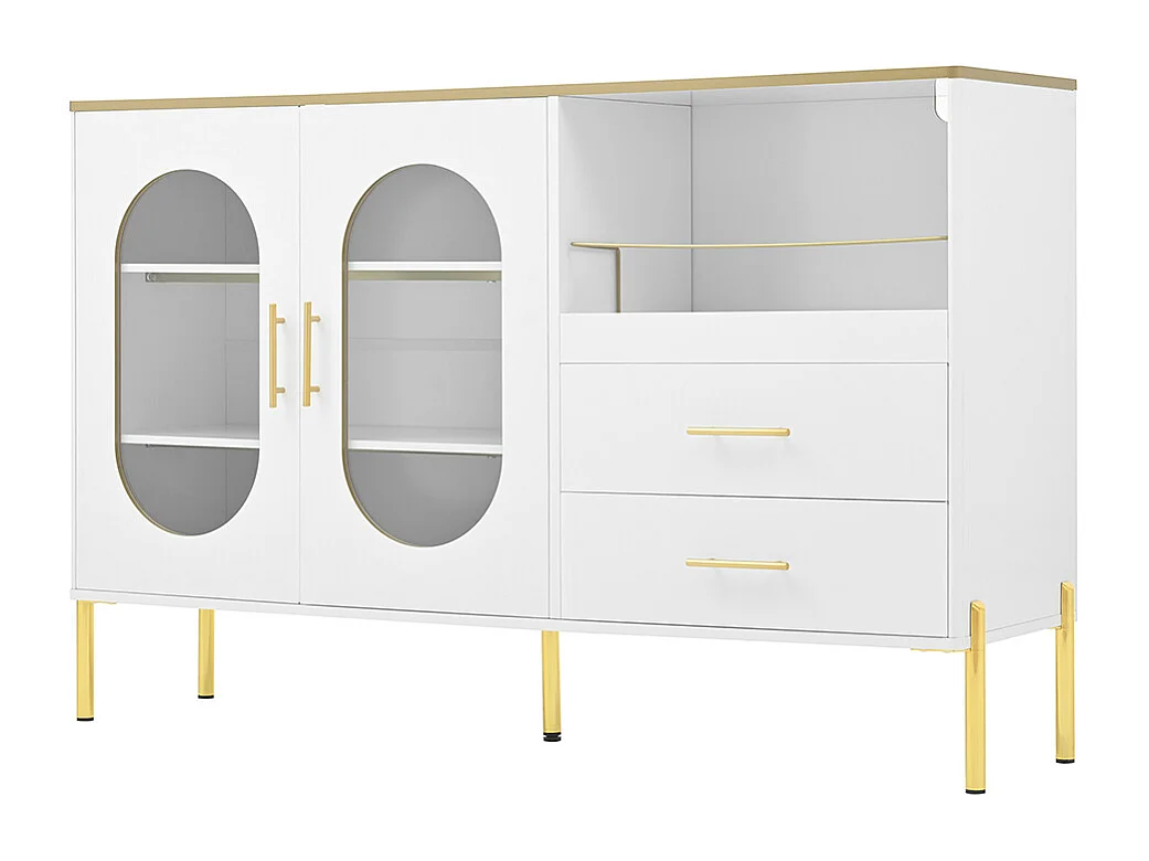 Buffet 2 tiroirs 2 portes vitrées commode blanc accents dorés espace rangement salon salle à manger couloir