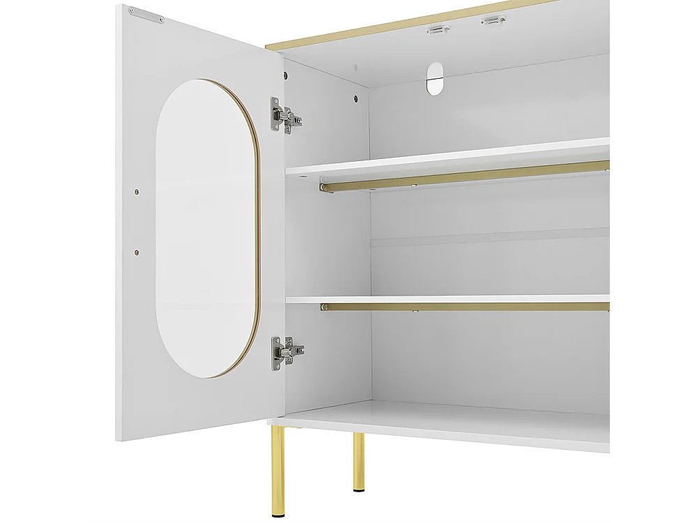 Buffet 2 tiroirs 2 portes vitrées commode blanc accents dorés espace rangement salon salle à manger couloir