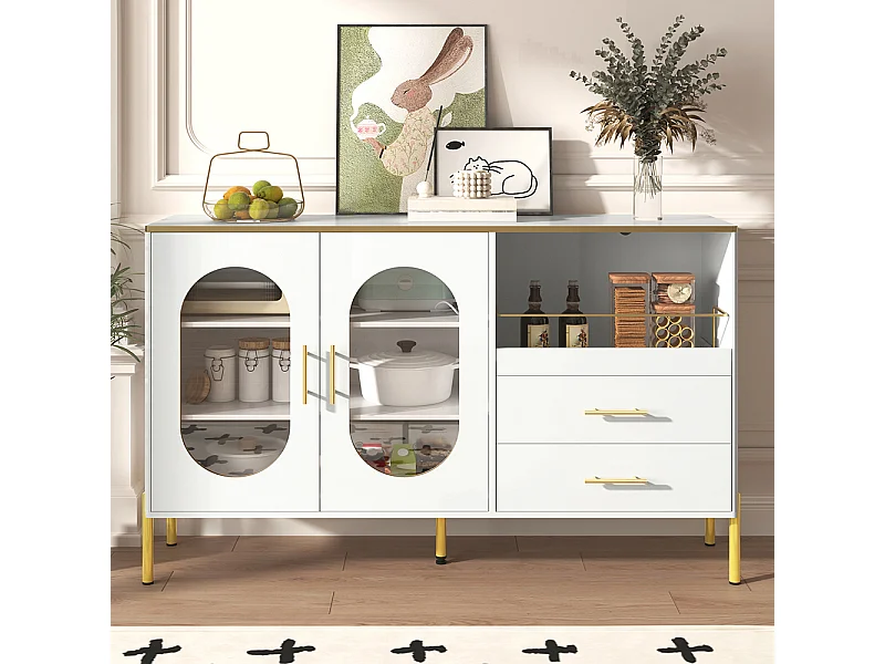 Buffet 2 tiroirs 2 portes vitrées commode blanc accents dorés espace rangement salon salle à manger couloir