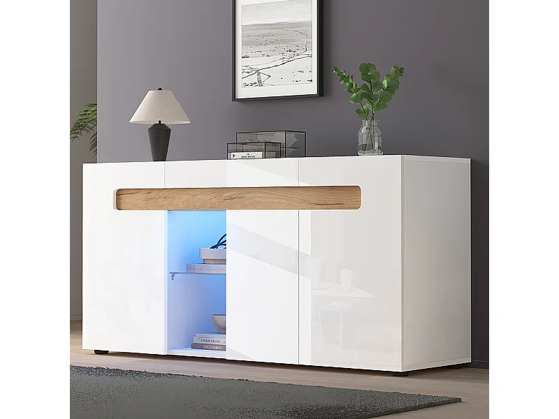 Buffet 140x40x70 cm blanc moderne LED application étagère verre salon