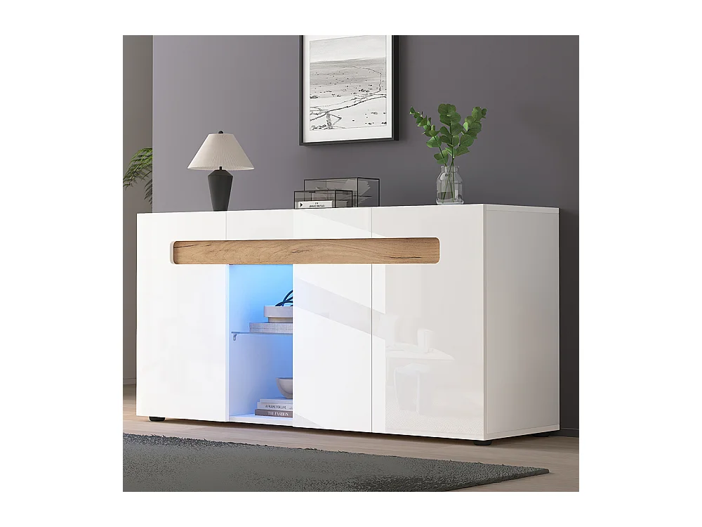 Sideboard 140x40x70 cm modern wit LED-applicatie glazen plank woonkamer